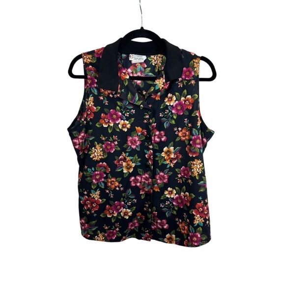 Vintage Cristin Stevens Black and Floral Sleeveless Button Down Blouse‎ Large - Picture 6 of 11
